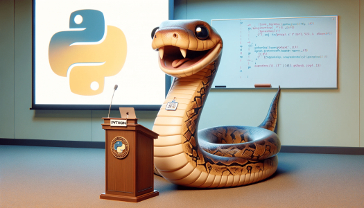 DALL·E-2024-01-19-12.24.29-A-cartoon-style-snake-resembling-a-python-with-a-friendly-and-non-intimidating-appearance-coiled-up-behind-a-podium-in-a-conference-room.-The-snake-